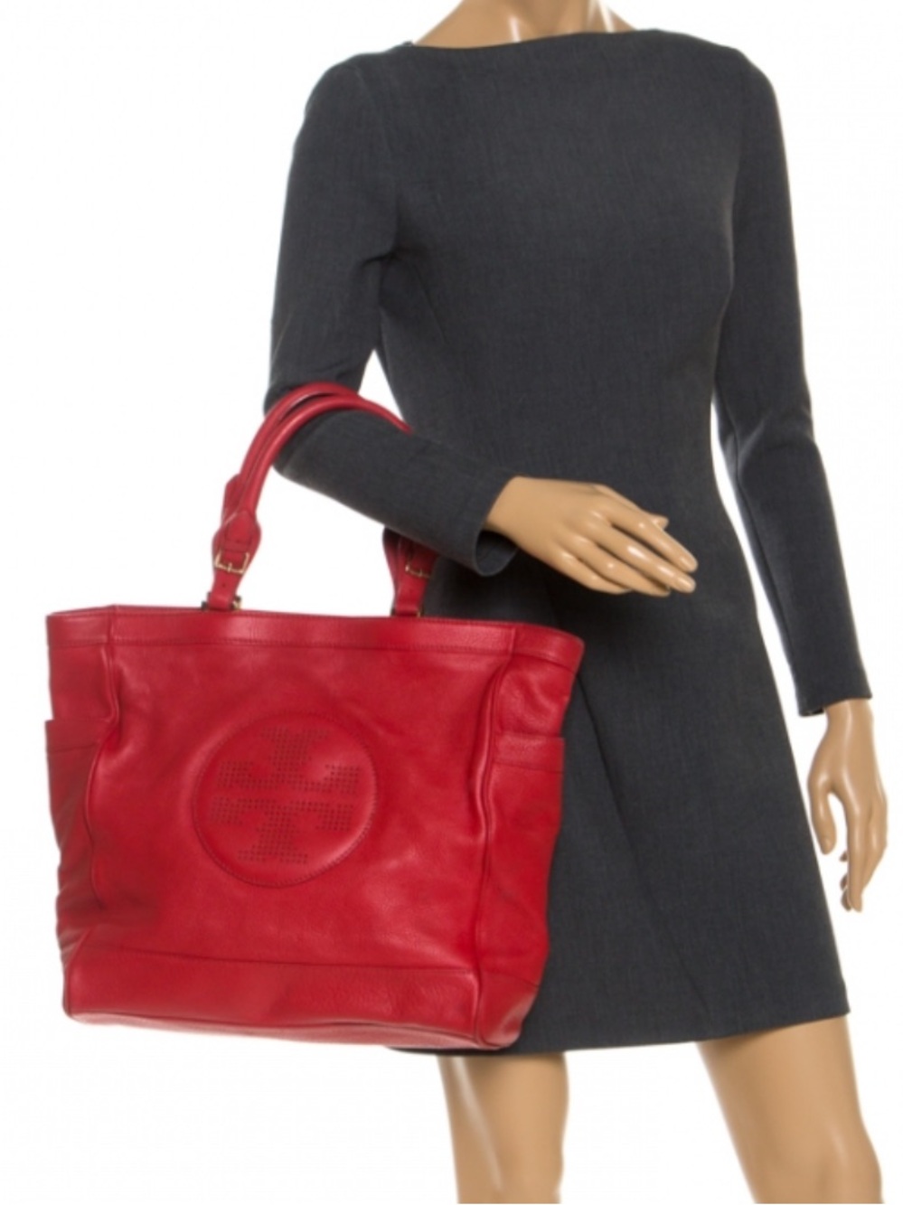 Tory Burch Red Leather Perforated Logo Tote